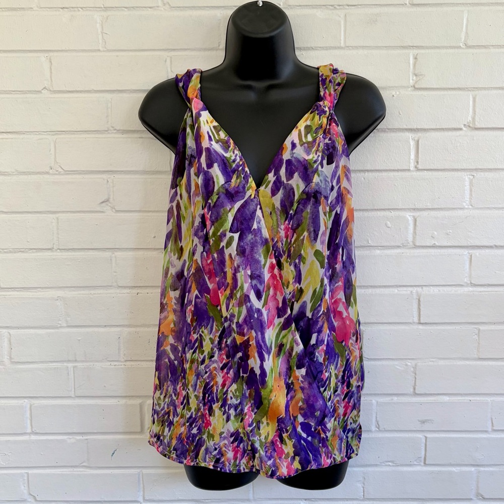 CAbi #730 Sheer Petals Faux‎ Wrap Tank Top, SZ S LIKE NEW!